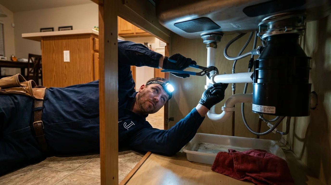 P-trap and supply line connections under a kitchen sink showing a common leak point in Cle Elum, WA